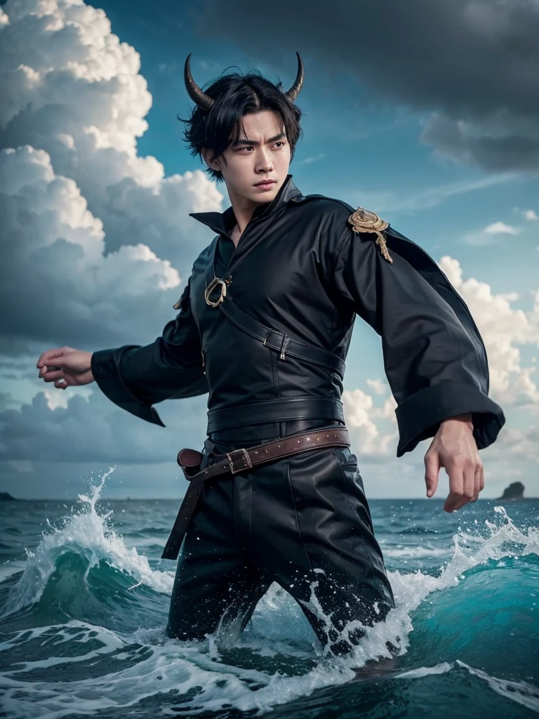 Best quality, masterpiece, super high resolution, hanfu, jade water book, black hair, water, waves, crashing waves, spells, fa gong, (absurd, high resolution, super detailed), Asian, 1 male, eighteen-year-old boy, handsome, tall muscular man, broad shoulders, very short hair, bottom cut, dark brown eyes, fine eyes and detailed face, extremely detailed CG Unity 8k wallpaper, intricate details, (Style Swirl Magic: 0.7), Looking at the Audience, Solo, (Full Body: 0.6), Detailed Background, Detailed Face, (European Medieval Fantasy Theme: 1.1), Hair Fluttering in the Wind, Martial Artist, Dynamic Pose, Fighting Stance, Clenched Fists, Fingerless Gauntlet, Wristband, Dragon-themed Costume, Monk Robe, , Rotating Floating Particles, Dynamic Composition, Upper Body Naked, Big Muscles, White Rubber Pants, ((((crotch bulge))))