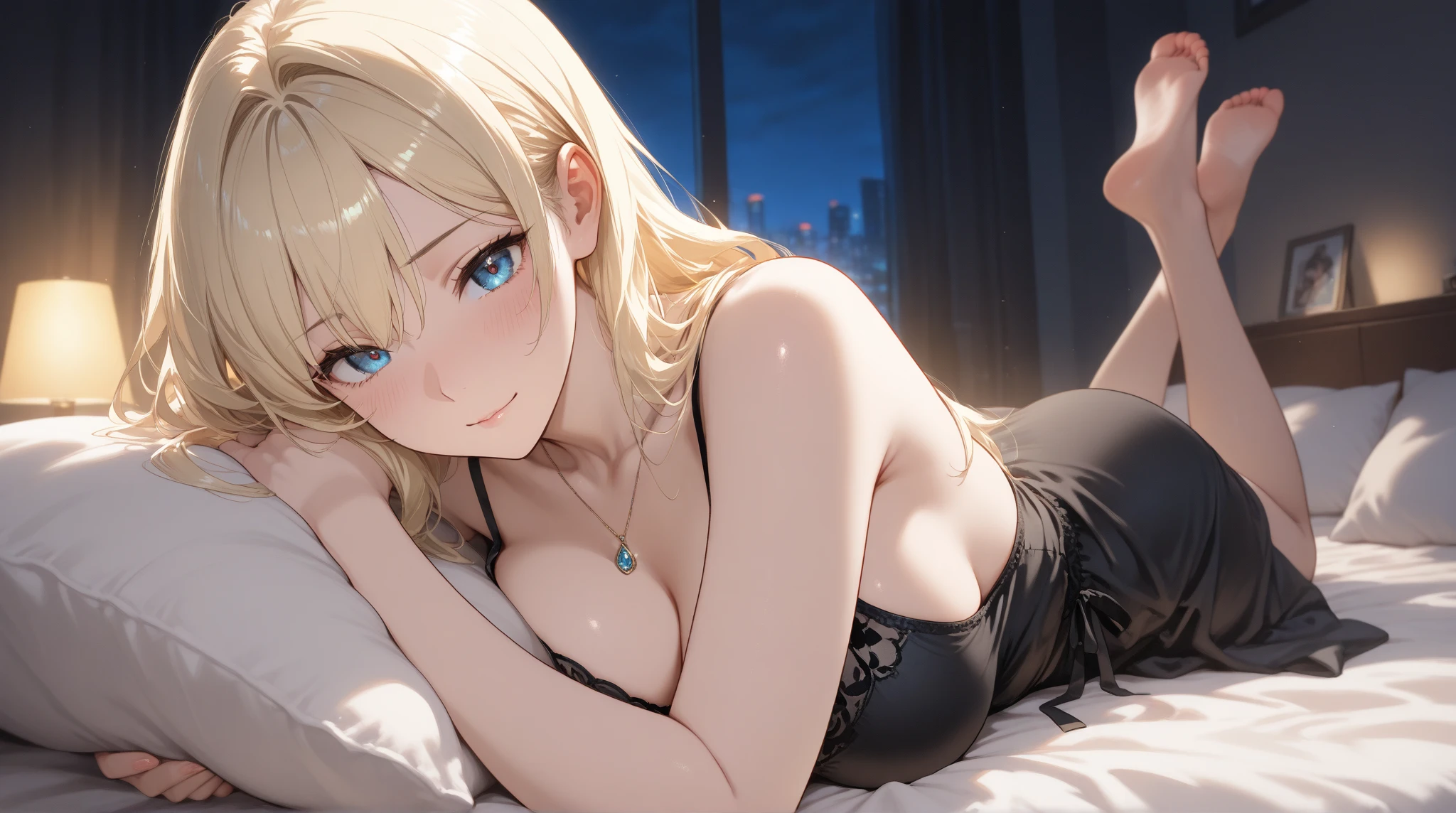 girl with messy blonde hair, reaching her shoulders, slightly curly, white skin,blue eyes,freckles,blusing, attractive,submissive look, she is in a room at night on a bed