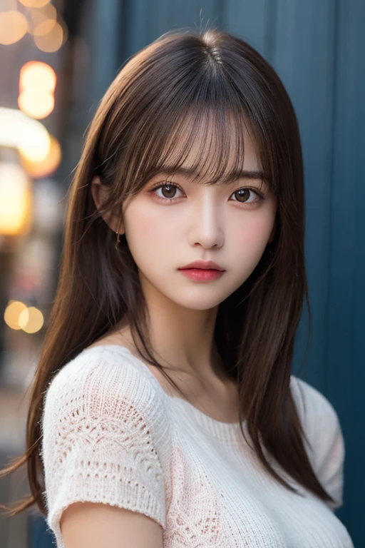 ((masterpiece,best quality 1.4)), (8k,RAW photo:1.2), (realistic,photo realistic:1.4), ultra high res , (extremely detailed 8k wallpaper) ,Japanese idol, japanese actress, japanese, very cute, big eyes, extremely detailed eyes and face, eyes with beautiful details,shiny skin,portrait,(medium hair and straight hair :1.2), professional lighting, sharp focus, depth of field , blur background, bokeh,(white sweater)