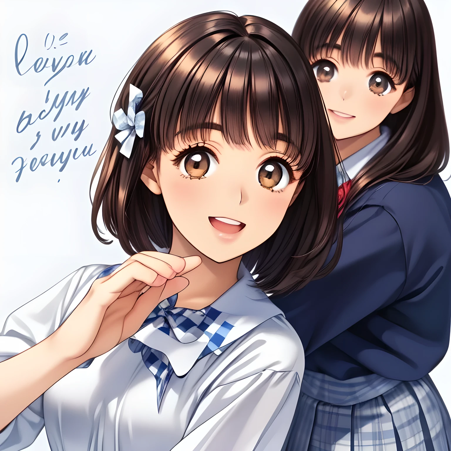 (highest quality, masterpiece:1.2), highest quality, High resolution, 1080p, 8K, (My beautiful pretty girl friend is (walking beside me), turning to me, looking me up, hypnotizing me by neat beauty, ((laughing at me)), (love-story comic heroines), (intelligent and perfectly balanced slender style), feeling too funny, amazingly neat & clean, in peace and neat lovely strong charm, cutely tilted head), (Too noble beautiful lady like a love-story comic heroine), (laughing like watching a comedy), A very lovely, very noble, pretty and pure beautiful girl. ((Bursting out Laughing very elegantly)), ((white grown face)), Using expensive whitening cosmetics by cosmetics artist: 1.2), (pamper and spoil you: 2.0), (curled) bangs, (Too beautiful blue fascinating shiny (double-lidded) (brown eyes) with love to the viewer, ((deep upper girly eyelid)), ((huge eye pupils)), laughing with detailed clearly: 1.5), (Dark blue vest school uniform, (Neat smart (white school frilled blouse))): 1.8), (A very neat, ((realistic), (dark-blue) pleated blue school (beautifully checkered) skirt): 1.6), (too pretty shiny big (red realistic school ribbon tie)): 1.5), (Shiny love-story heroine lips, extremely laughing open mouth: 1.0), ((amazingly beautiful black hair: 1.5)), (Tight waist, slender: 1.5), (The background is (plain black space) to emphasize their fascination: 1.8), (The lady knows well about the viewer's love for her school uniforms, and satisfies it completely as the viewer's desire: 1.7), (Everything is organized to have strong effect to spoil the viewer to fall into happy dream with many pampering girls: 1.5), (The viewer must be transferred to the world of the beautiful girls right now: 1.5), (take a (side shot) of walking beauty beside me turning to me: 2), (her smile is emerging up into the real from the picture, giving luck and pleasure to the viewer: 2.0)