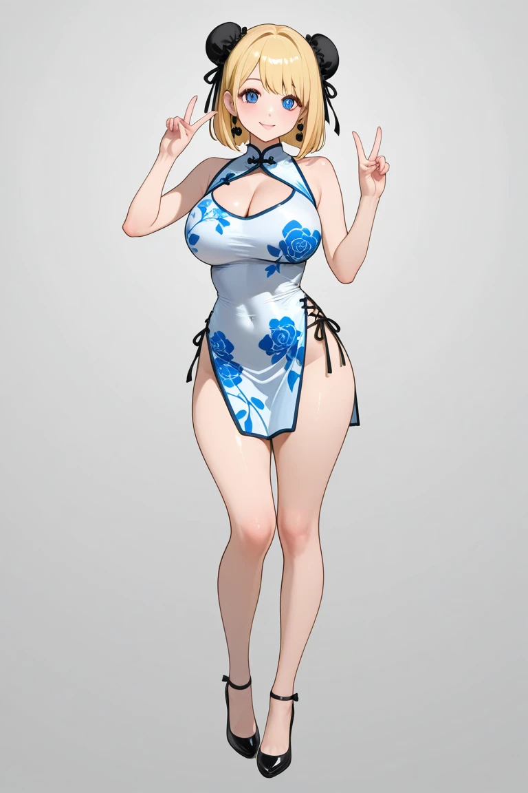 masterpiece,Highest quality,High resolution,Super detailed,courage \(star\),Pointed Ears,lupong hair,Ahoge,Red Hairband,Bare shoulders,China dress,Chinese clothing,Short dress,Cleavage cutout,Side bust,Thighs,hand_upon_Hip,Wrinkles_amount,indoor,