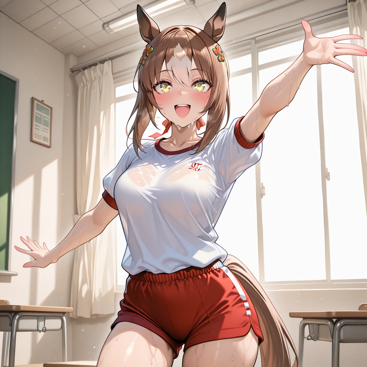 Highest quality,masterpiece, Highest Resolution, 1 girl,nsfw, full naked, paizuri, kneeling, indoor, classroom, (huge breasts:2.0), lift up my breasts,pink nipple, smile, close up, horse ears, horse tail