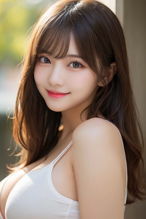 best quality, face focus, soft light, ultra high res, (photorealistic:1.4), RAW photo,(Shinozaki Ai), white skin, kawaii, 1 Japanese girl, solo, cute, (smile), (pupil, lights in the eyes),  detailed beautiful face, Medium-sized breasts,(high resolution detail of human skin texture),(long hair),(portrait), upper body, white traditional kimono