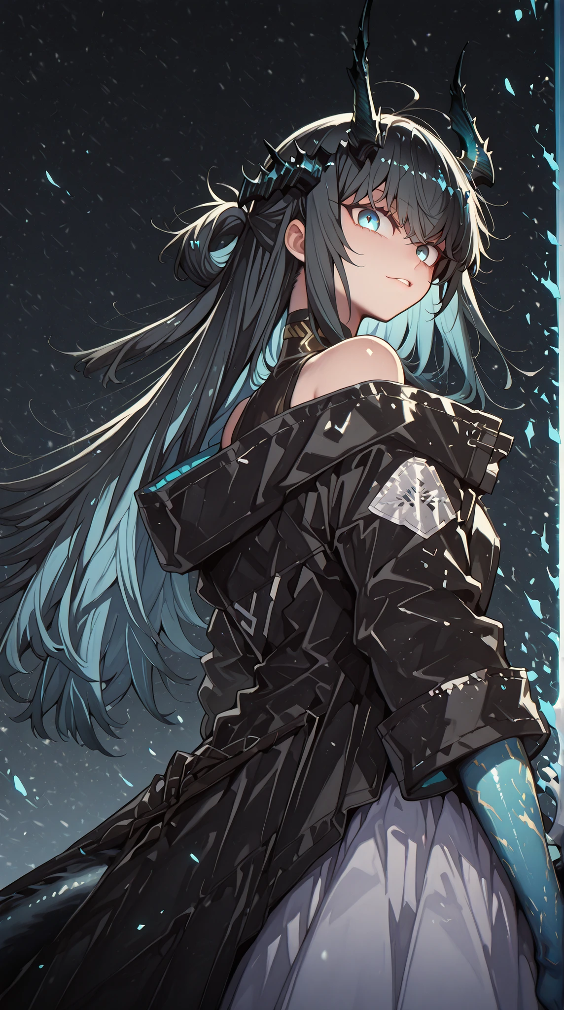 alone, 1 boy, young character, character with the height of Dusk from "Arknights", the character is male, young, black horns like Reed The Flame Shadow from "Arknights", black tail like Reed The Flame Shadow from "Arknights" with sky blue flame on the tip of the tail;
black hair with blue inside, the character's hairstyle must be the same as Khristina Rogeris from "Damn Reincarnation", long bangs, the character's face must be the same as Nian from "Arknights" but with blue eyes, flashy blue eyes, provocative face, provocative smile, young, perfect and beautiful face;
perfect anatomy, arms with colorful design like Dusk's, arms with sky blue color, hands with sky blue color, hands with claws, shoulders with sky blue runes;
black coat like Dusk from "Arknights", the coat should fall down the arms leaving the shoulders exposed with the sky blue runes visible, the inner clothing should be black with gold details and should be tight to the body with a futuristic cyberpunk style design, blue arms exposed, shoulders exposed, short stature;
holding a gigantic greatsword whose blade is longer than the character's height, gigantic greatsword completely black, immense and black blade;
black background, attack position "holding a gigantic greatsword whose blade is longer than the character's height, gigantic greatsword completely black, immense and black blade", looking at the viewer, and hands with blue details, arms colored in the style of Dusk from "Arknights" but in sky blue;
Flashy pose, shoulders and head exposed, close to the face, looking at the character, looking at the viewer, face to face, provocative smile, confidence, height similar to Dusk from "Arknights", male character, character is a young boy, character has a physique similar to Rimuru Tempest from "Tensei Shitara Slime Datta Ken";