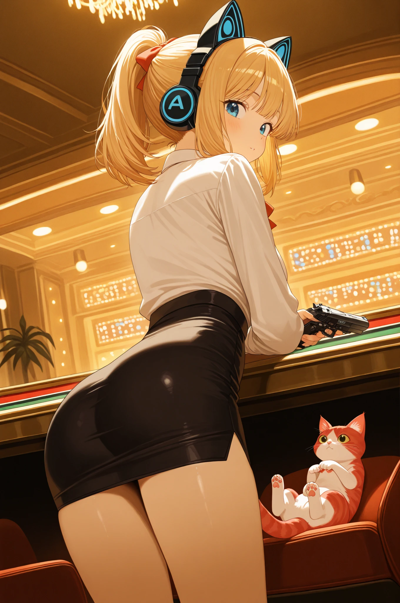 Realistic wide-angle photos,Ass to the camera,Dynamic angle,Extremely detailed, illustration, close up, straight on, 1 Girl, ((Muneru Asuka Langley, Interface Headphones, Red tights:1.4, Blonde)),Her eyes shone like dreamy stars,(Glowing eyes:1.233),(Beautiful and delicate eyes:1.1),(Poker face,Shut up),(permanent), best hair quality, correct limbs, (Correct finger), Super detailed fingers, best clothing quality, Best prop quality, Best background detail and quality, Anatomically correct, best quality, High resolution, The award-winning(Random Background,in casino,Casino VIP room, Modern casino console, Modern slot machines ), in casino, indoors, (casino)