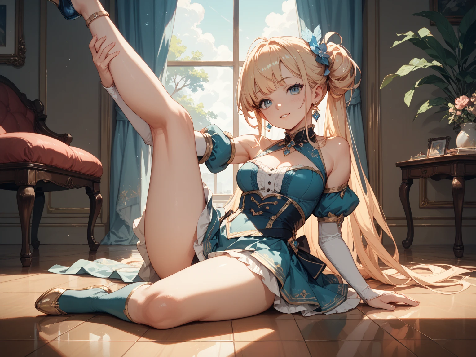 masterpiece, Highest quality, Highly detailed CG Unity 8k wallpaper, (a beautiful girl), , Elegant long straight blonde hair, (Flat Chest,Thighs), (Orange-blue) Golden (Sparkly tutu,long rabbit ears headgear, , bow tie, white panties, ), (run away), (blush), Oilskin, (Captivating smile), (Wonderland), Pretty face, Key Art, Awards, , Photorealism, Hyperrealism, Ultra-realistic, Nice views, Depth of written boundary ,standing split,full body,standing on one leg,white background