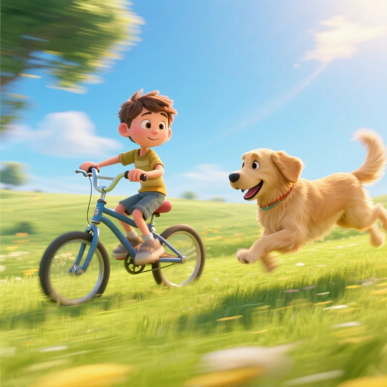 Imaginary friends. 3D animation. A work of art. A bright sunny field. A boy riding his bike while a golden retriever runs nearby. The boy and the dog are best friends and always play together. A cheerful scene is depicted with lively movement. Motion blur is used effectively to show movement.