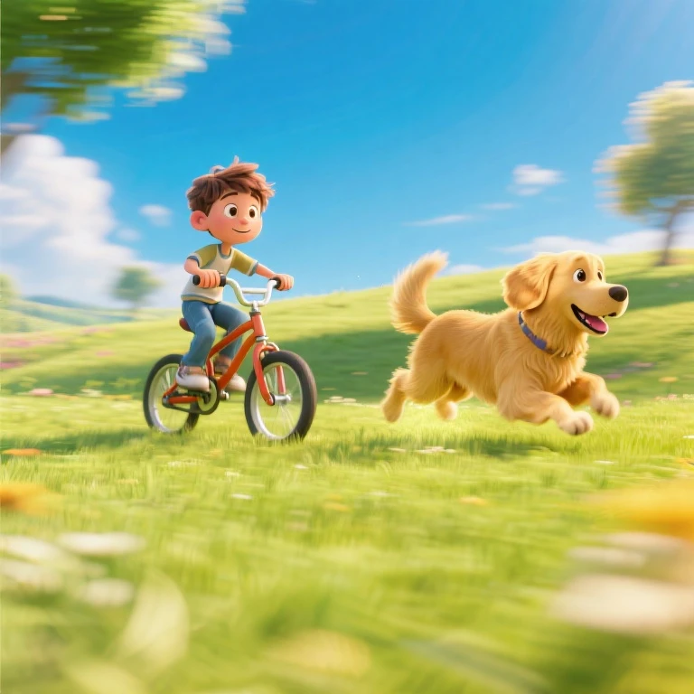 Imaginary friends. 3D animation. A work of art. A bright sunny field. A boy riding his bike while a golden retriever runs nearby. The boy and the dog are best friends and always play together. A cheerful scene is depicted with lively movement. Motion blur is used effectively to show movement.