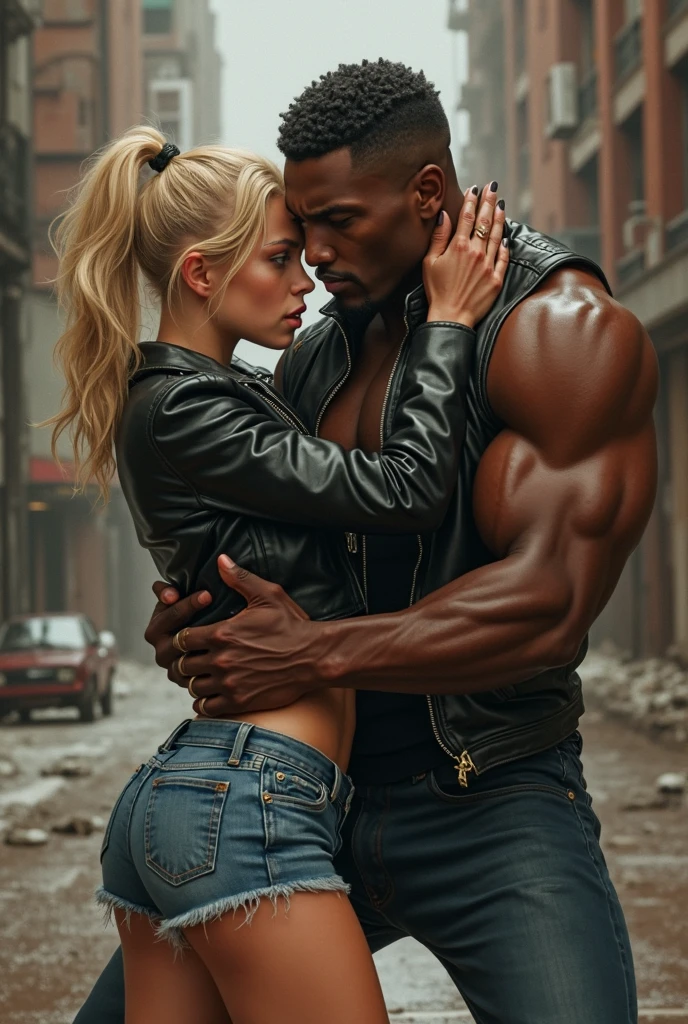 a rich beautiful blonde woman, wearing sexy clothes and high-heeled sandals, standing full-length, kissing a short old homeless black man, wearing dirty clothes, in a dirty alley