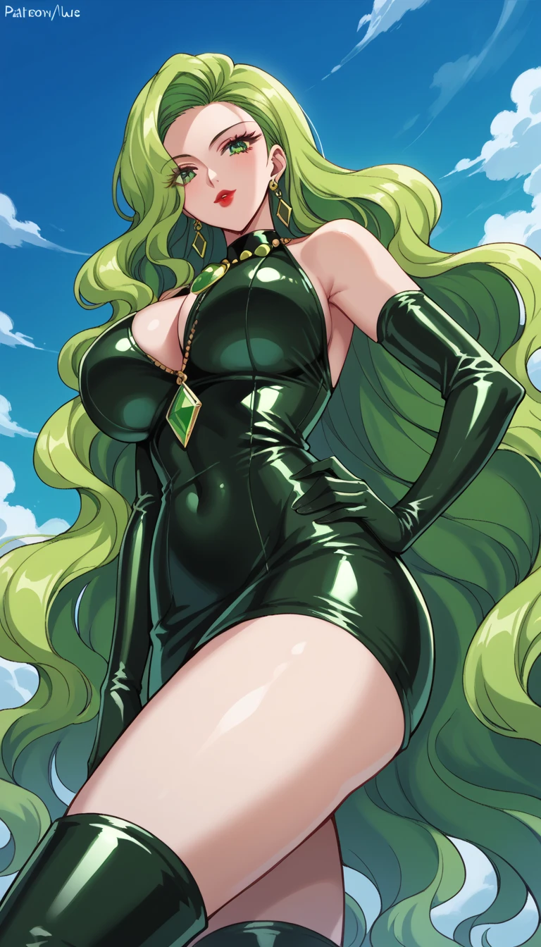 (Masterpiece, Masterpiece), anime girl with green curly hair, black outfit, detailed face, detailed eyes, tatsumaki from one punch man, tatsumaki, sexy, accurate, standing cutely