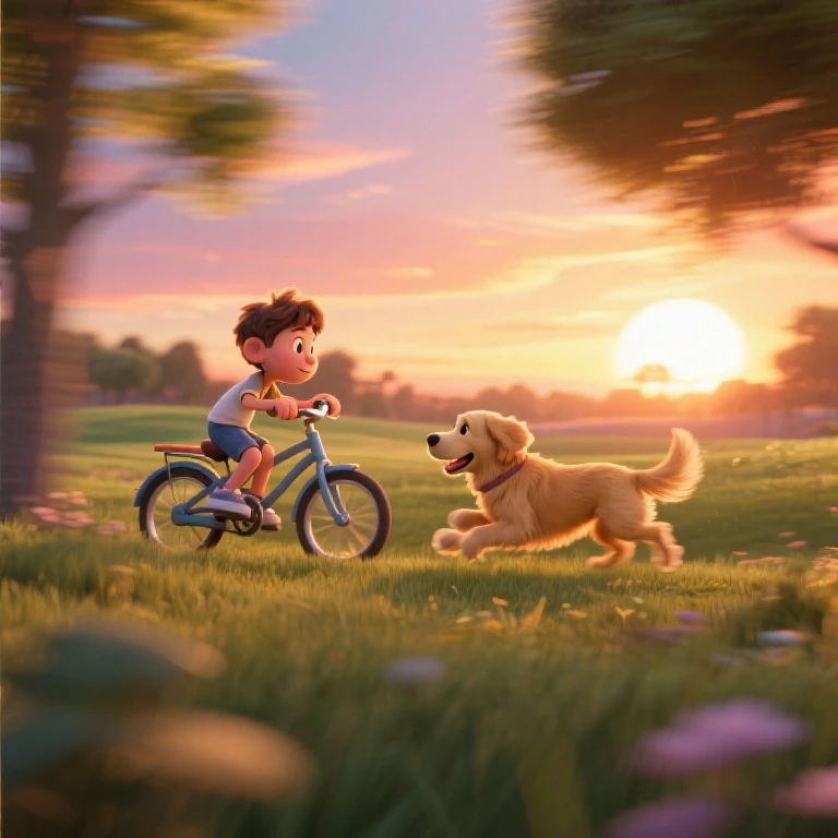 Imaginary friends. 3D animation. A work of art. A field with a beautiful sunset. A boy riding his bike while a golden retriever runs nearby. The boy and the dog are best friends and always play together. A cheerful scene is depicted with lively movement. Motion blur is used effectively to show movement.