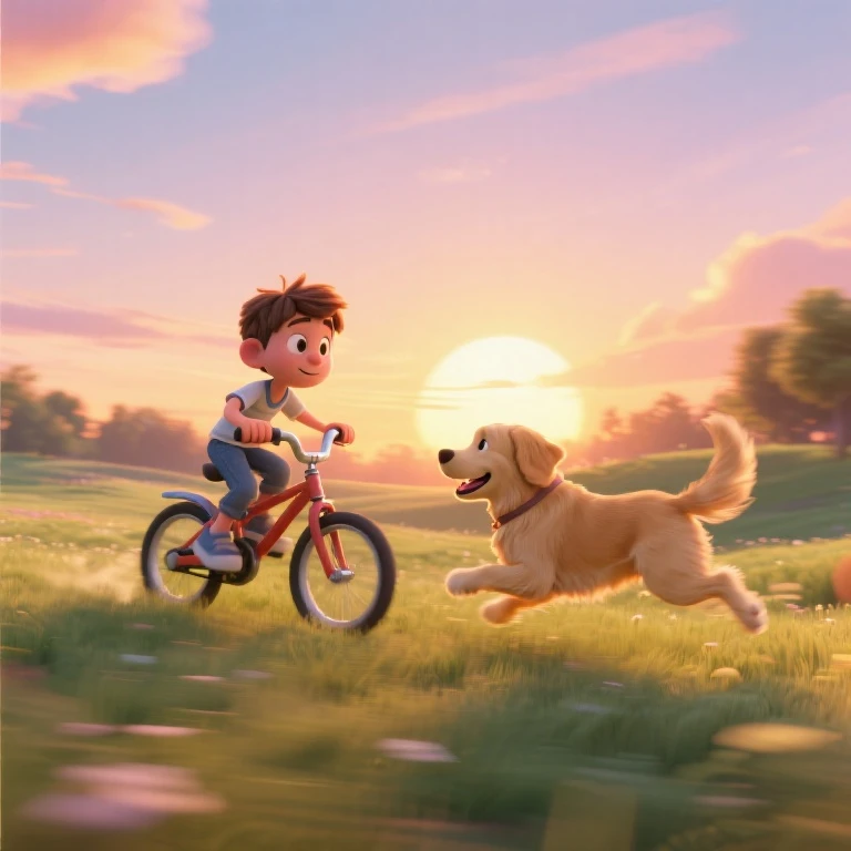 Imaginary friends. 3D animation. A work of art. A field with a beautiful sunset. A boy riding his bike while a golden retriever runs nearby. The boy and the dog are best friends and always play together. A cheerful scene is depicted with lively movement. Motion blur is used effectively to show movement.