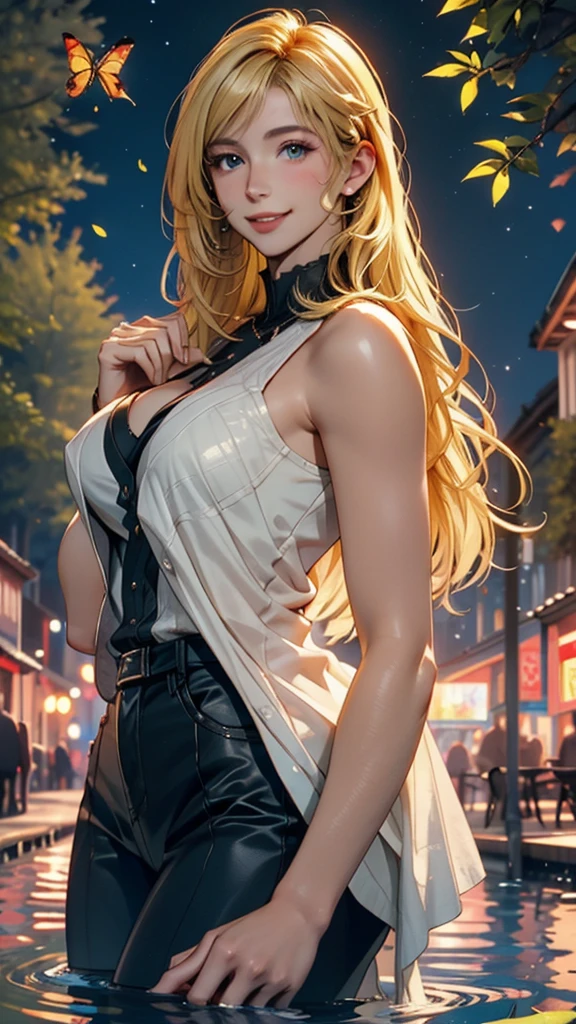 master part, Qualidade Superior, 8k, pessoa real, Realistic, CG muito denso, pele brilhante, totalmente focado, radiante, beautiful british blonde girl, usando um top solto, design elegante, olhar hipnotizante,visual arrojado e majestoso, Antecedentes Inglaterra, Senhora bonita e elegante
