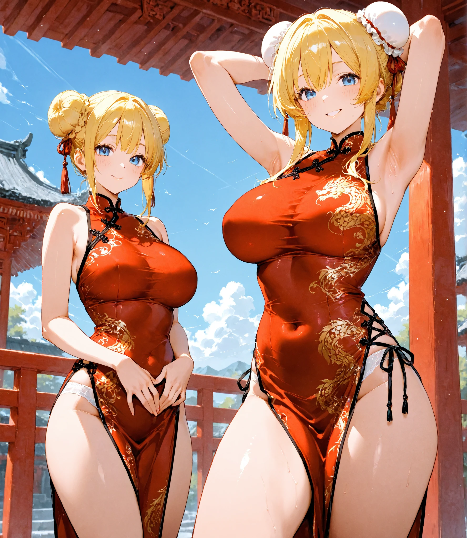 masterpiece, Highest quality, In detail, High resolution, Very delicate and beautiful, Volumetric lighting, Best Shadow, Shallow depth of field, One girl, blonde, (Huge breasts), Double Hair Bun, (China dress), (Cleavage), Pelvic Curtain, (Wide Hips)
