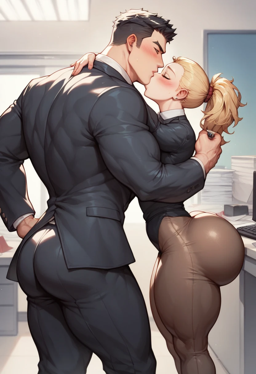best quality, masterpiece, bodybuilder man, (short blond hair), wearing ripped business suit, no bottoms, glasses, nerdy look, anal sex with a chubby man, standing doggystyle, grab breast, grab hair, cumshot, projectile cum, looking back, gasping for air, blushing, sexy, gay, homoerotic, in dark office, ambient lighting, extremely dramatic shadows, side view, perfection, no watermark, no logo, no signature