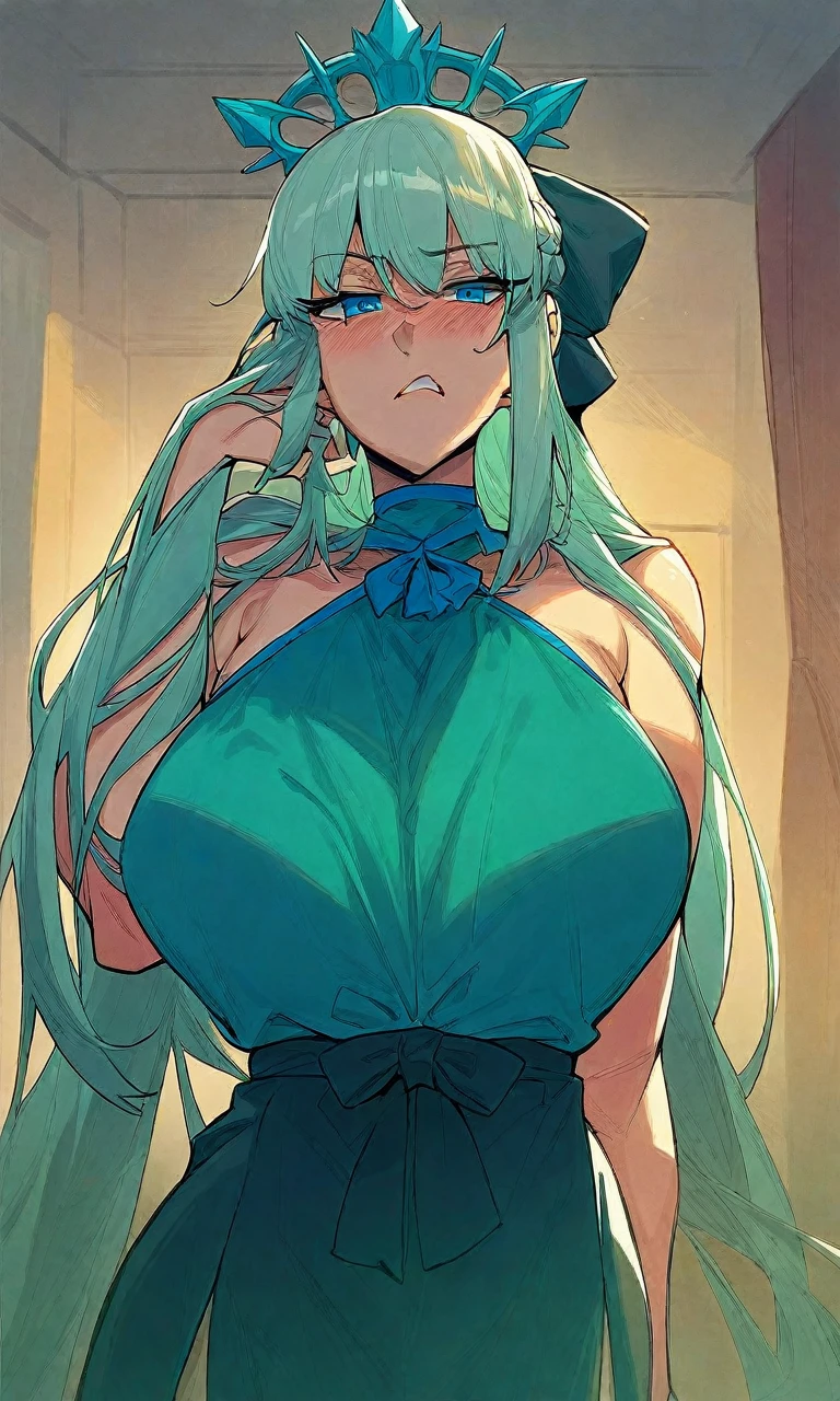 (best quality:1.1),(ultra detailed:1.1),solo,looking at viewer,Guel,light green hair,long hair,braid,gray eyes,wavy hair,large breasts, arms beside the body, portrait, {{{blue white short sexy apron}}},{{{naked}}}, {{{{{crossed legs}}}}} , {{{{{{{{standing}}}}}}}}},