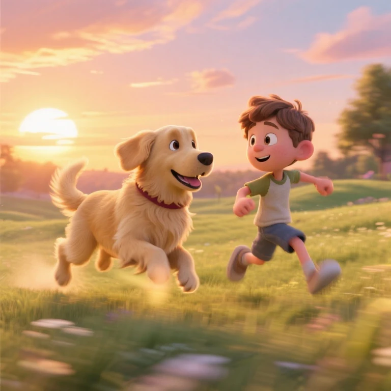 An imaginary friend. 3D animation. A work of art. A field with a beautiful sunset. A golden retriever running up to a boy. The boy and the dog are best friends and always play together. A cheerful scene is depicted with lively movements. Motion blur is used effectively to show the movement.