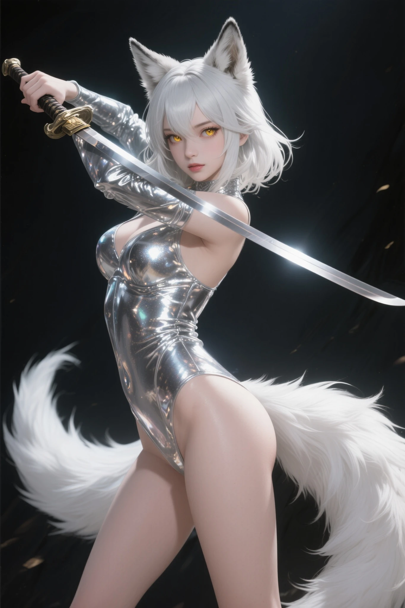 woman, short hair, Fox ears, Fox tails, colorful eyes, tight dress, ssmile, Masterpiece, hiquality