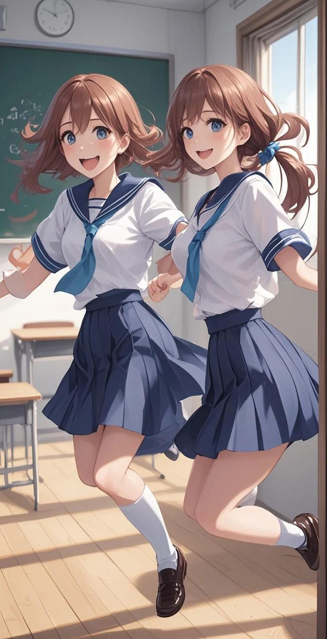 landscape,ultra-detailed, best quality, super fine illustration,full body,very cute,2girl,multiple girls,smile,(fang:0.8),from behind,
((lifting up friends skirt)),((dark blue hair) and (white panties)),((brown hair) ,serafuku,mini skirt,classroom,shoes