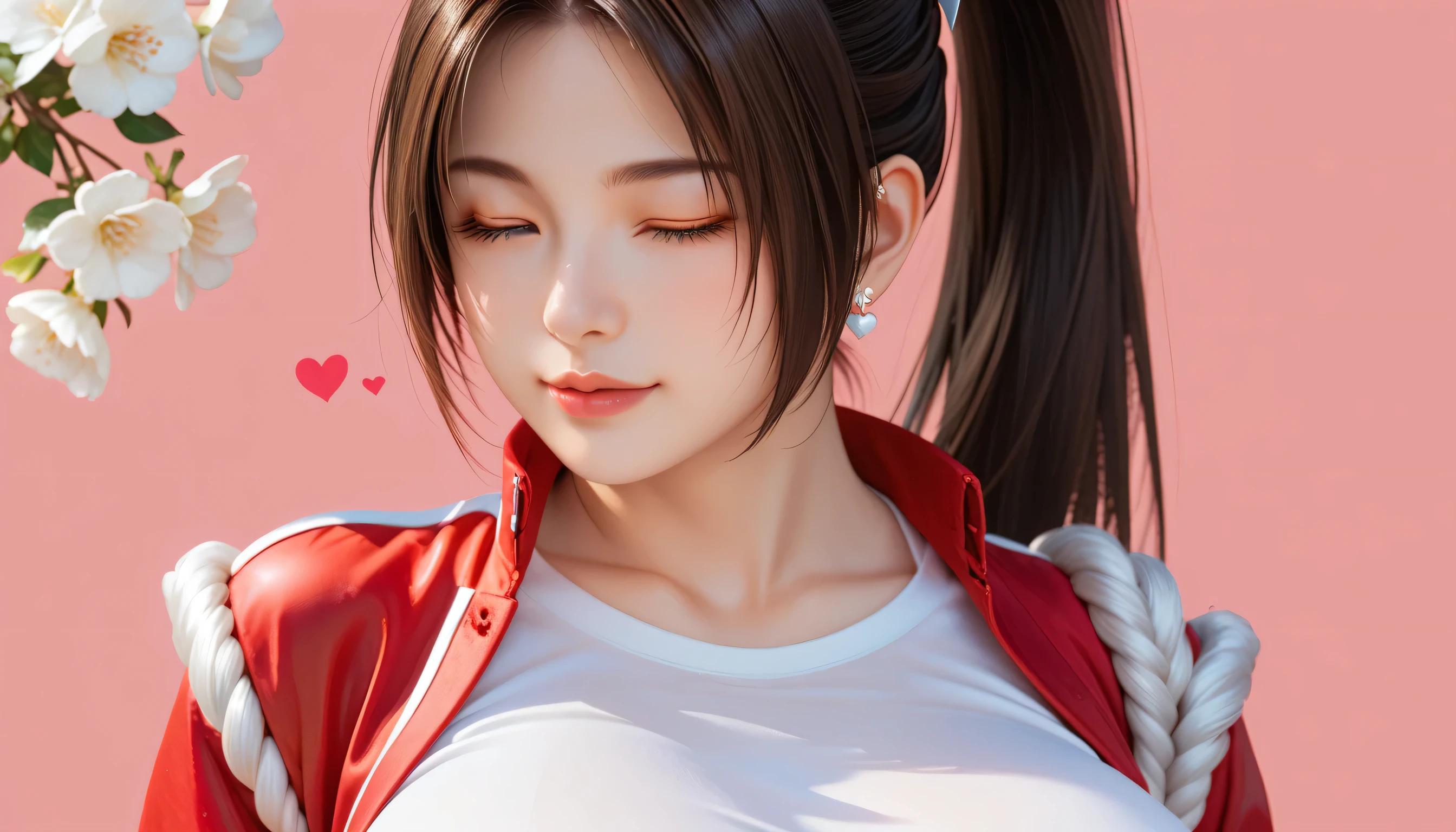Japanese beautiful girl, huge breasts, cowboy shots, ,乳沟,低胸, ,earrings,
playfully,, , many little hearts. red color background, winked with one eye, close one eye, many little hearts,ponytail, mai shiranui, red jacket, tight T shirt
flowers
