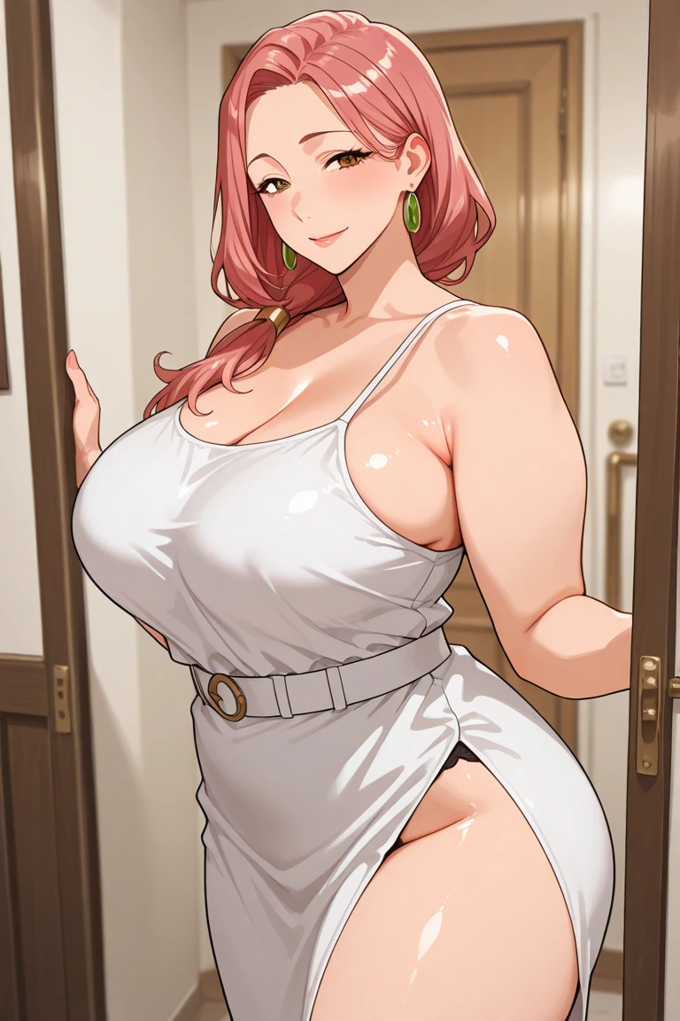 the mansion door is opened by a mother who is extremely hot voluptuous sexy busty and is insanely and extremely sexy cute pretty beautiful pretty curvy with her extremely shiny bright glass SNOW FAIR LUSH SILKY smooth soft lush plump glass glowing white skin complexion and perfect round cleavage and her INSANE tight perfect hot hourglass figure, her wide soft hips, and her skinny lush soft plump arms and her big soft plump perfect round thick BIG ass with her extremely white bright SNOW FAIR LUSH plump round cleavage and her glowing fair shoulders along with her shiny long silky GOLD LUSH hair with her extremely insanely god tier cute irresistible kind gentle look on her charming gorgeous stunning pretty face with her big shiny bright stunning blue eyes and her shiny black eyelashes and her two bright pink blushes and her bright pink puffy lips on her face and her pink shiny nails and her sexy thick luscious lush thighs and legs, The woman has god's given absolute irresistible other-worldly god-tier beauty possessing the most irresistible charm and beauty in all of mankind's history and future as she's the peak and epitome of a woman's elegance and feminine and her insane, impossible, and unimaginable levels of beauty the woman has, the woman wears her shiny yellow high heels along with a red ribbon and a piece of small jewelry ornament hanging on her hair bun with a golden jewelry necklace on her smooth lush snow fair clean tender soft smooth neck and gold bangles on her wrist and gold anklets with small bells on her two feet and gold earrings on her lush fair white fair ears and a gold belt on waist, flowers on hair, standing, eyes wide open, show full body, she's wearing a EXTREMELY revealing sexy short TIGHT purple floral DRESS with red flower patterns with strings AND HILTS, STANDING BESIDE THE BIG MANSION DOOR HOLDING ON THE HANDLE, sunny sky, show full body, PERFECT LUSH SEXY BODY, tons of jewelry on her, 1x woman only