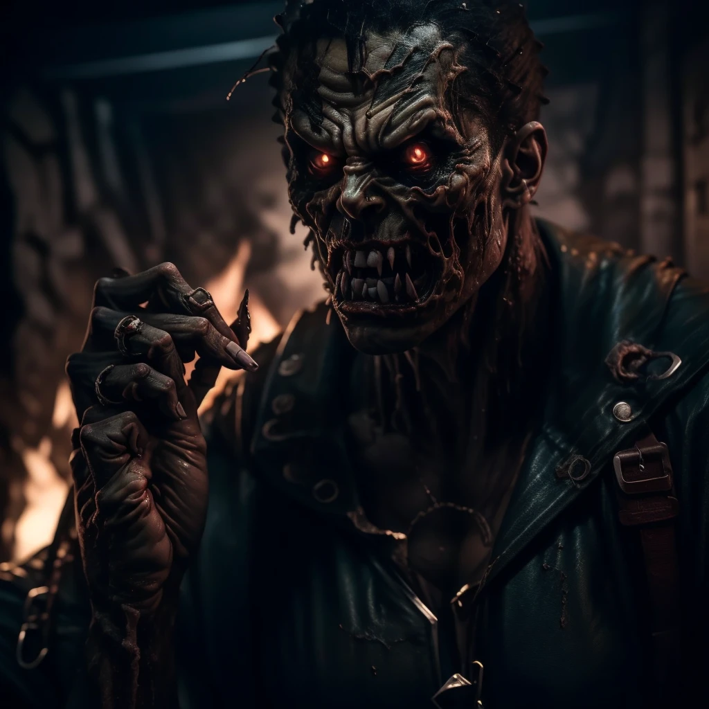 create a realistic scene where a zombie with sinister eyes and exposed wounds on its body is trying to attack a person, the person attacked is holding a flashlight and wearing a backpack, the zombie is trying to bite the victim's neck but the victim is resisting.