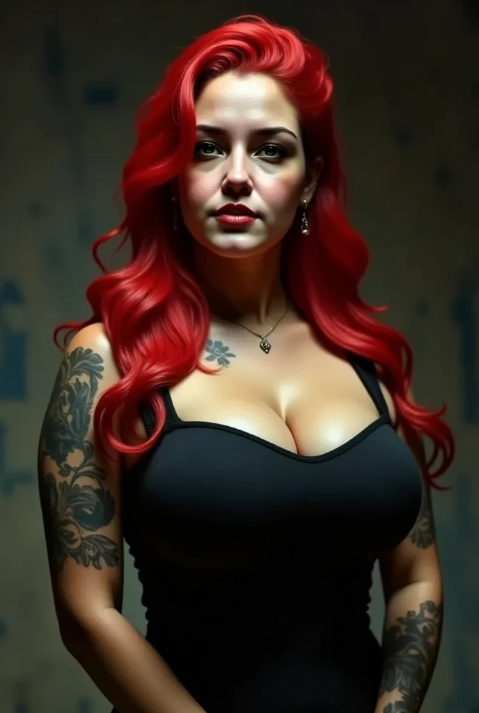 Lucy Pinder, face portrait, beautiful face, smiling, voluptuous woman, ((very intense makeup)), ((maroon lipstick)), long hair, maroon hair, very long hair, tank top, black t-shirt, cleavage, black formal pants, tattoo on chest, ((chubby woman))
