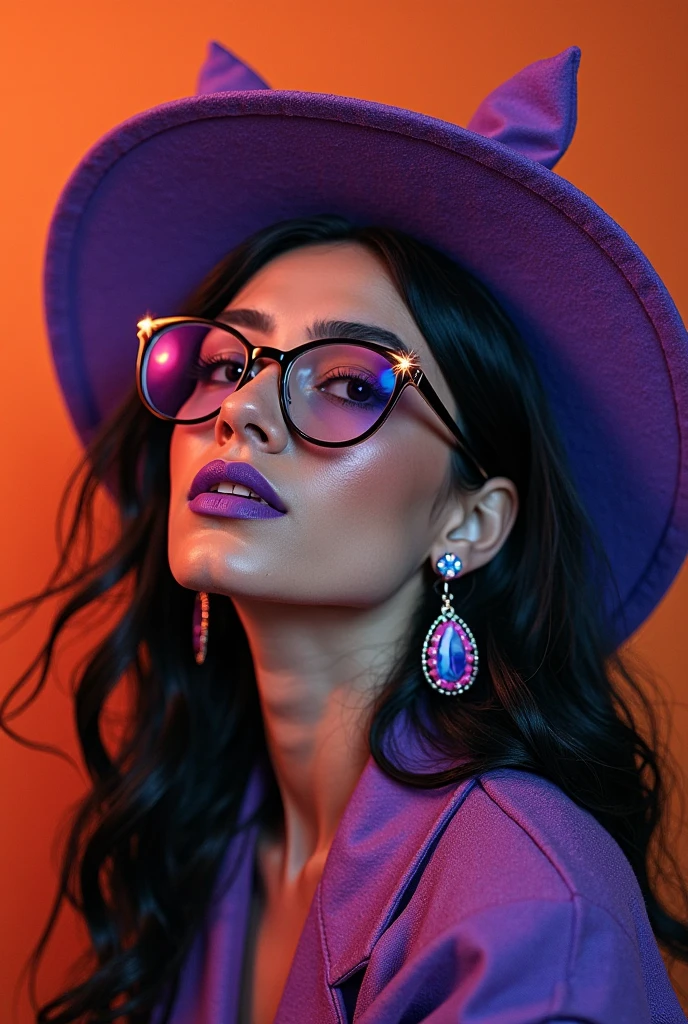 Cabelo: Roxo e preto, tatuagens no corpovariando entre diferentes penteados (liso, ondulado, preso, solto).Pele: Morena.Corpo: Coxas largas, seios grandes e bonitos.Roupas: Diferentes em cada cena, with luxurious pieces and jewelry, variando para estilos mais
com casuais.glasses:Diferentes estilos e cores (roxo, azul) em algumas cenas.Maquiagem:Lips painted black and purple, maquiagem chamativa.