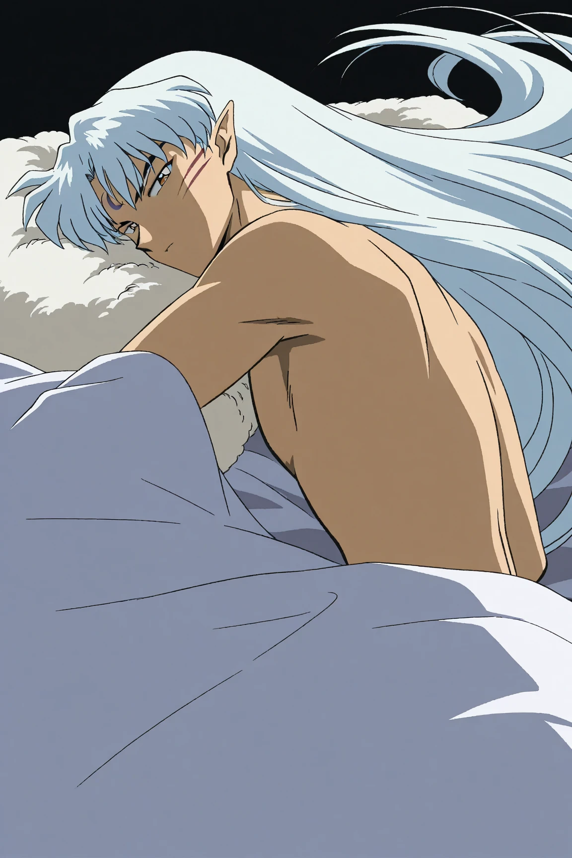 Sesshomaru from Inuyasha with his back turned, naked., don&#39;t have any clothes, that this naked, that nothing covers it that all his body can be seen, her buttocks so that her whole body can be seen, his anus and his penis too, is a man
