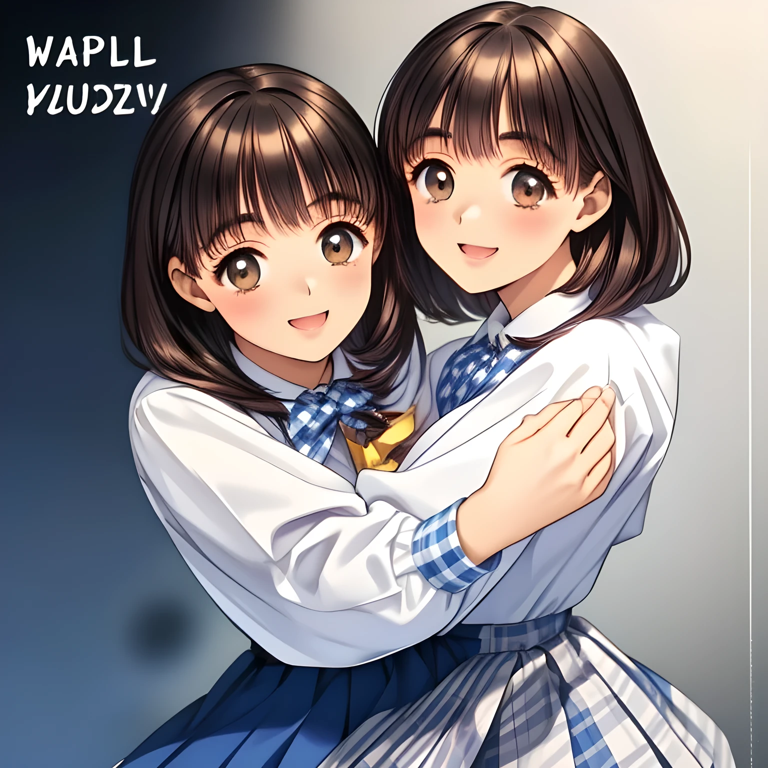 (highest quality, masterpiece:1.2), highest quality, High resolution, 1080p, 8K, (My beautiful pretty girl friend is (walking beside me), turning to me, looking me up, hypnotizing me by neat beauty, ((laughing at me)), (love-story comic heroines), (intelligent and perfectly balanced slender style), feeling too funny, amazingly neat & clean, in peace and neat lovely strong charm, cutely tilted head), (Too noble beautiful lady like a love-story comic heroine), (laughing like watching a comedy), A very lovely, very noble, pretty and pure beautiful girl. ((Bursting out Laughing very elegantly)), ((white grown face)), Using expensive whitening cosmetics by cosmetics artist: 1.2), (pamper and spoil you: 2.0), (curled) bangs, (Too beautiful blue fascinating shiny (double-lidded) (brown eyes) with love to the viewer, ((deep upper girly eyelid)), ((huge eye pupils)), laughing with detailed clearly: 1.5), (Dark blue vest school uniform, (Neat smart (white school frilled blouse))): 1.8), (A very neat, ((realistic), (dark-blue) pleated blue school (beautifully checkered) skirt): 1.6), (too pretty shiny big (red realistic school ribbon tie)): 1.5), (Shiny love-story heroine lips, extremely laughing open mouth: 1.0), ((amazingly beautiful black hair: 1.5)), (Tight waist, slender: 1.5), (The background is (plain black space) to emphasize their fascination: 1.8), (The lady knows well about the viewer's love for her school uniforms, and satisfies it completely as the viewer's desire: 1.7), (Everything is organized to have strong effect to spoil the viewer to fall into happy dream with many pampering girls: 1.5), (The viewer must be transferred to the world of the beautiful girls right now: 1.5), (take a (side shot) of walking beauty beside me turning to me: 2), (She is tightly hugged by the viewer, giving luck and pleasure to the viewer: 2.0)