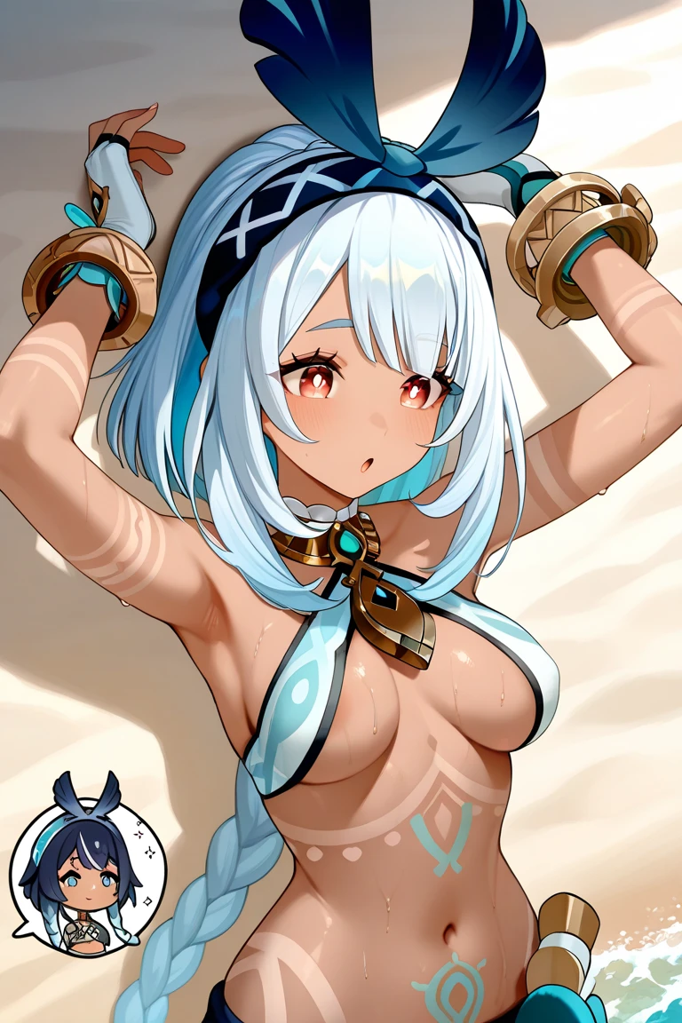 ((kinako (shiratama mochi) style)), colorful eyes, soft style, masterpiece, solo, 1 girl, topless, large nipples, nipples, white sarong, harem outfit, semi transparent skirt, beautiful art, vibrant, flat chests, tropical beach, platinum blonde hair, dancing, different poses, narrow waist, slender legs, hairband, jewely, necklace, bracelet, mouth veil, veil, headdress, navel, thigh strap, abstract, morning, light hair, waist pouch, blue eyes, high angle shot, top view, black eyeliner, sparkling, winking, side view, arched back, flexible body, serene face, soft eyes, relaxed, calm, smiling