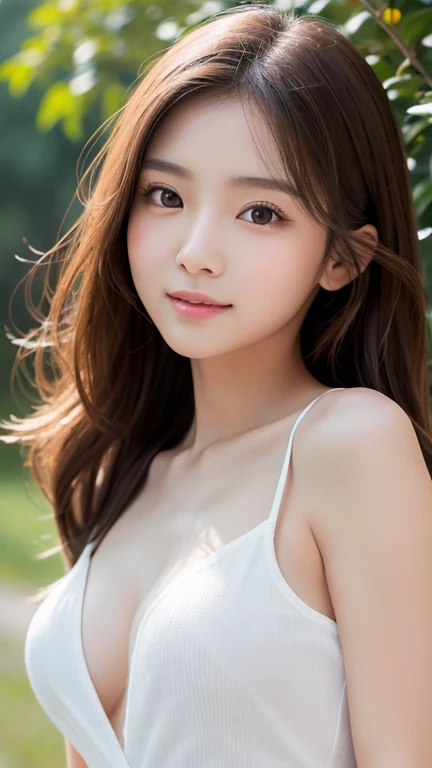 ((((masterpiece、Highest quality、High resolution、Tabletop、wallpaper、Realistic、Bright lighting、Professional Lighting、Face Light、Smooth lighting、Japanese women、Beautiful woman、action、gravure、sexly、so beautiful、Beautiful Skin、Beautiful and exquisite、Detailed face、slim、Looking into the camera、Cleavage))))、((Symmetrical、Big Breasts:1.4))、((((japanese,20-years-old,One woman,outdoors,Looking into the camera:1.5)))),smile,close mouth,golden ratio