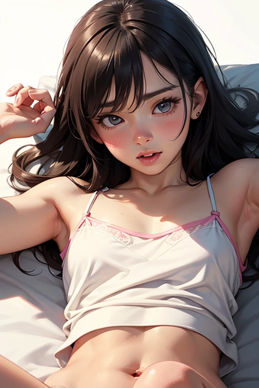12 years old, beautiful girl, middle breast, lying down, bunny girl, crying, wrinkles between the eyebrows