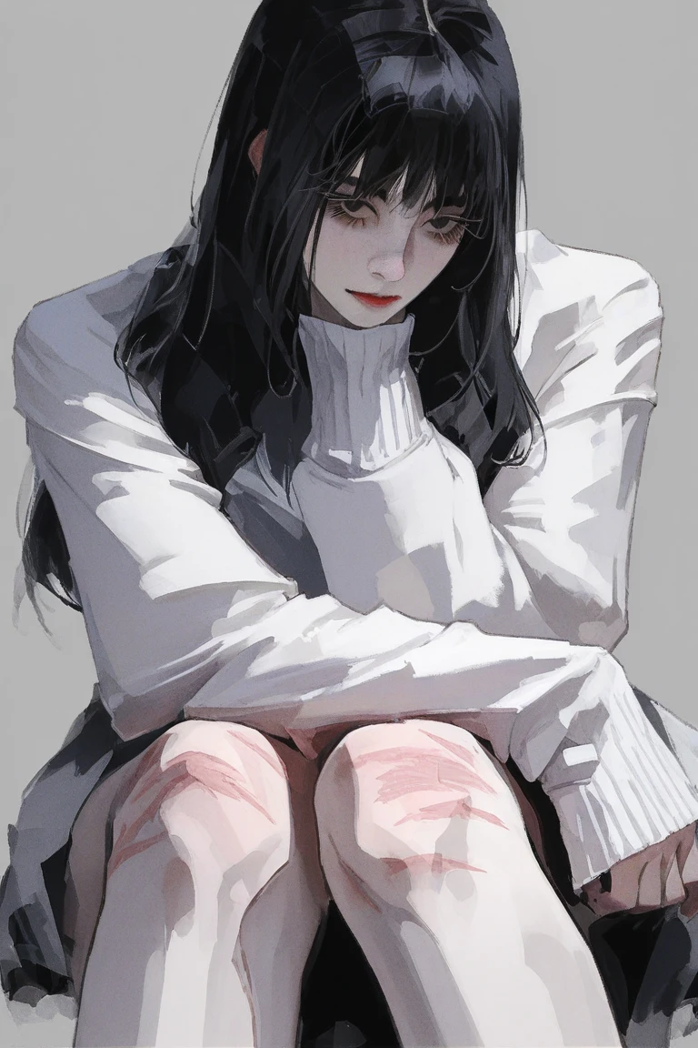 (best quality、masterpiece、high resolution)、4K Art、reality、concept art、portrait、whole body、female、40 years old、big bust、black hair、short bob、 female、beautiful skin,애니메이션 소녀 female,Sitting in a dark room,sad expression