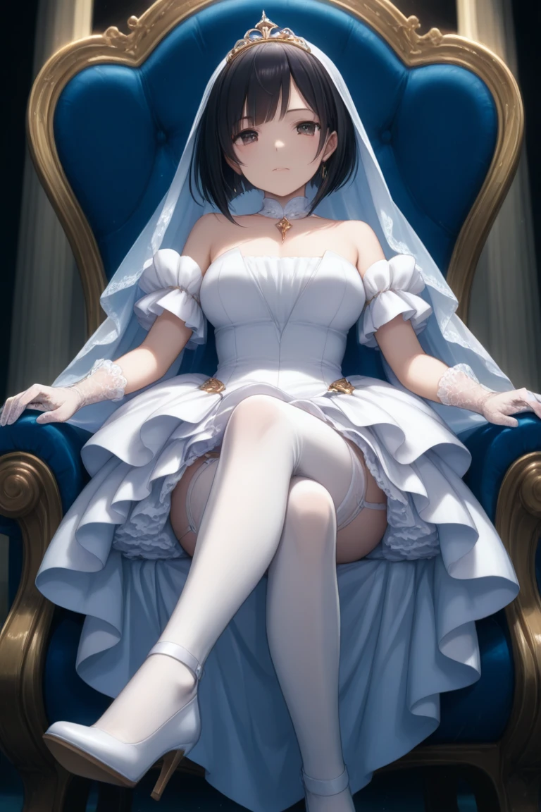 tokisaki kurumi,((masterpiece)),(((best quality))),((ultra-detailed)),((illustration)),((disheveled hair)),((frills)),(1 girl),(solo), 1girl, Hyper-realistic photo of a professional model with pale skin posing for a fashion photoshoot. Beautiful model in transparent floral lace night short dress, slender figure, beautiful large breasts, covered in transparent veil, lots of body exposure, full body image facing forward, fantastical painting-like image, silver hair, white translucent skin, long false eyelashes, sitting on a chair facing forward with legs apart, facing forward and legs apart to show crotch, flesh-colored pastel transparent floral lingerie, glass high heels,Rating:safe,