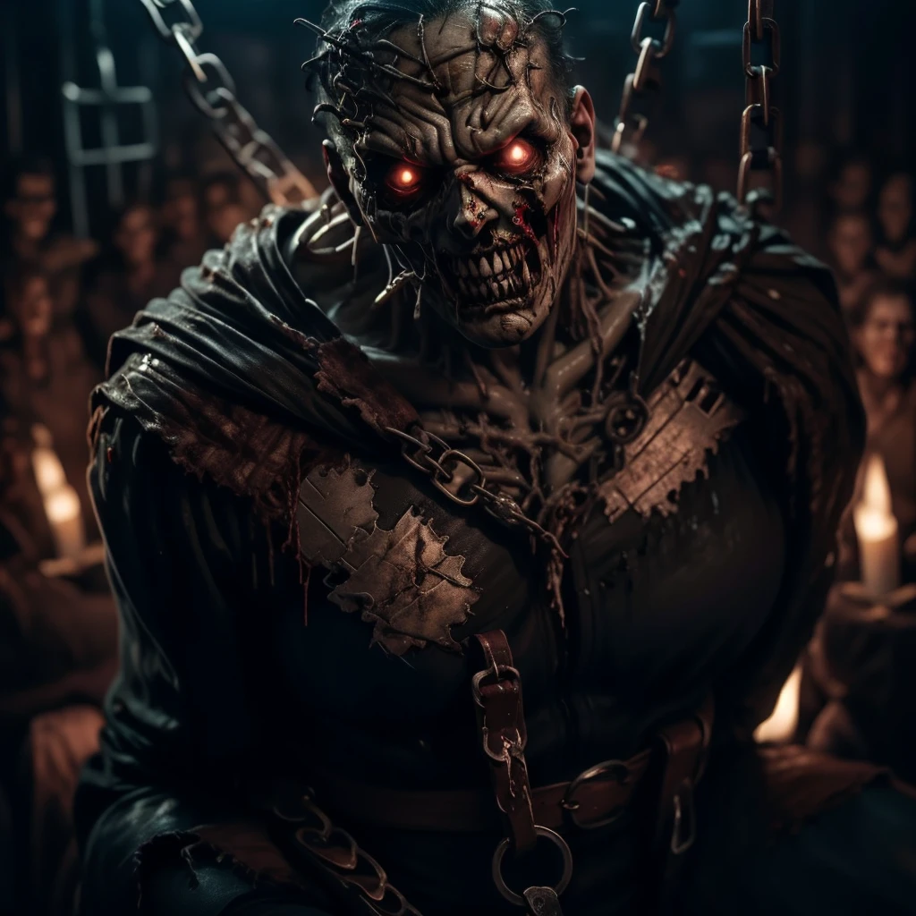 , (upper body shot , from above) of undead knight being chased by a monster, detailed face, located in a horrifying scene at a dilapidated hospital during dusk with overcast weather, illuminated by dim light, creating a terrifying chilling atmosphere, ,Masterpiece,best quality, photo, realistic, very aesthetic