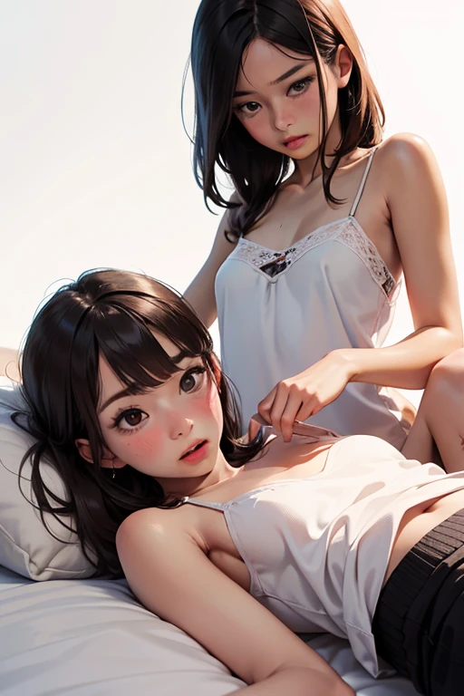 masterpiece, best quality, ((2women:1.3)), (closeup), 22yo, slim, ((small breast:1.4)), naked breast, nipple, open sailor suit, Inside the room, hugging, lode, smile, grey, desolate, dark, watercolor,