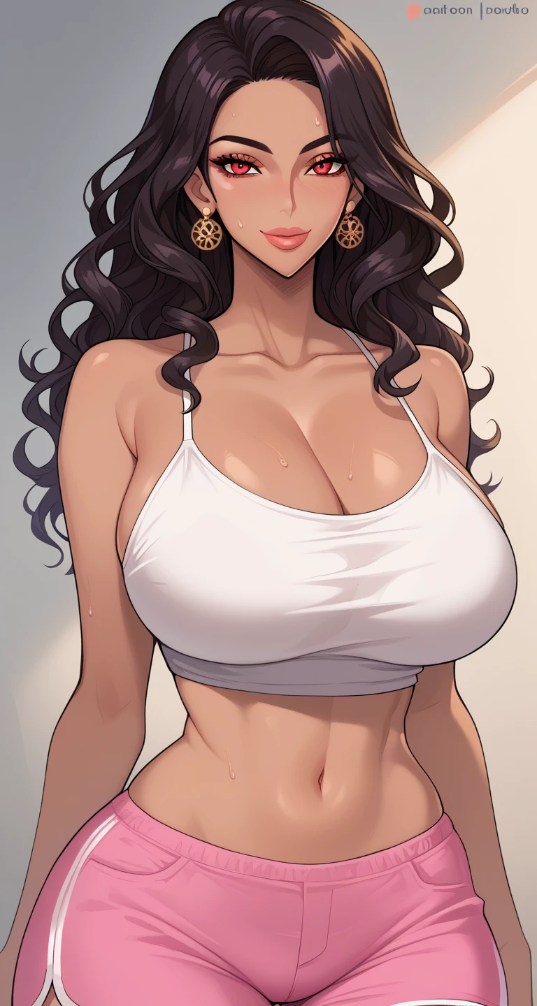 (masterpiece, best quality, perfect hourglass figure, wide waist, blush), busty, portrait, perfect face, flawless eyes, empty gradient background, beautiful lips, full lips, <lora:add_detail:-0.1>, (arms behind back), perfect waist, cowboy shot, perfect hips, huge breasts, saggy breasts, wide smile, <lora:sanpaku-eyes-v2:0.8> , sanpaku, orange eyes, <lora:Dskin_v1.0:0.2> , tan, dark skin, brown skin, black hair, <lora:concave:0.8> , concave bangs, long straight hair, <lora:NikkeMaryDressSwimsuitV1:1> , mary, dress swimsuit, pelvic curtain, navel, lowcut panties