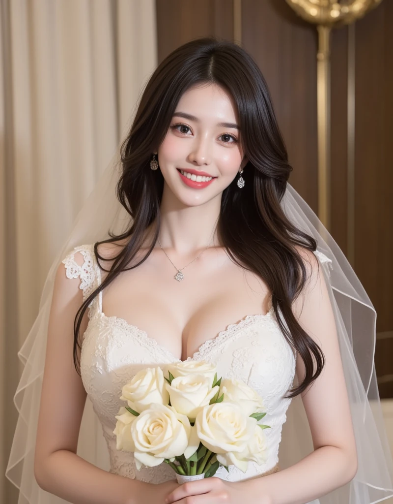 Fashion model 25 years old [[[[closeup cleavage]]]], [[[[boobgasm]]]], [[[[coll]]]], [[[[bshoulders]]]], perfect  eyes, Perfect iris，perfect lips，perfect teeth，Perfect skin，Soft front light，HDR，filmgirl,white wedding gown，The background is red or pink flowers，（pastel colour：1.2）