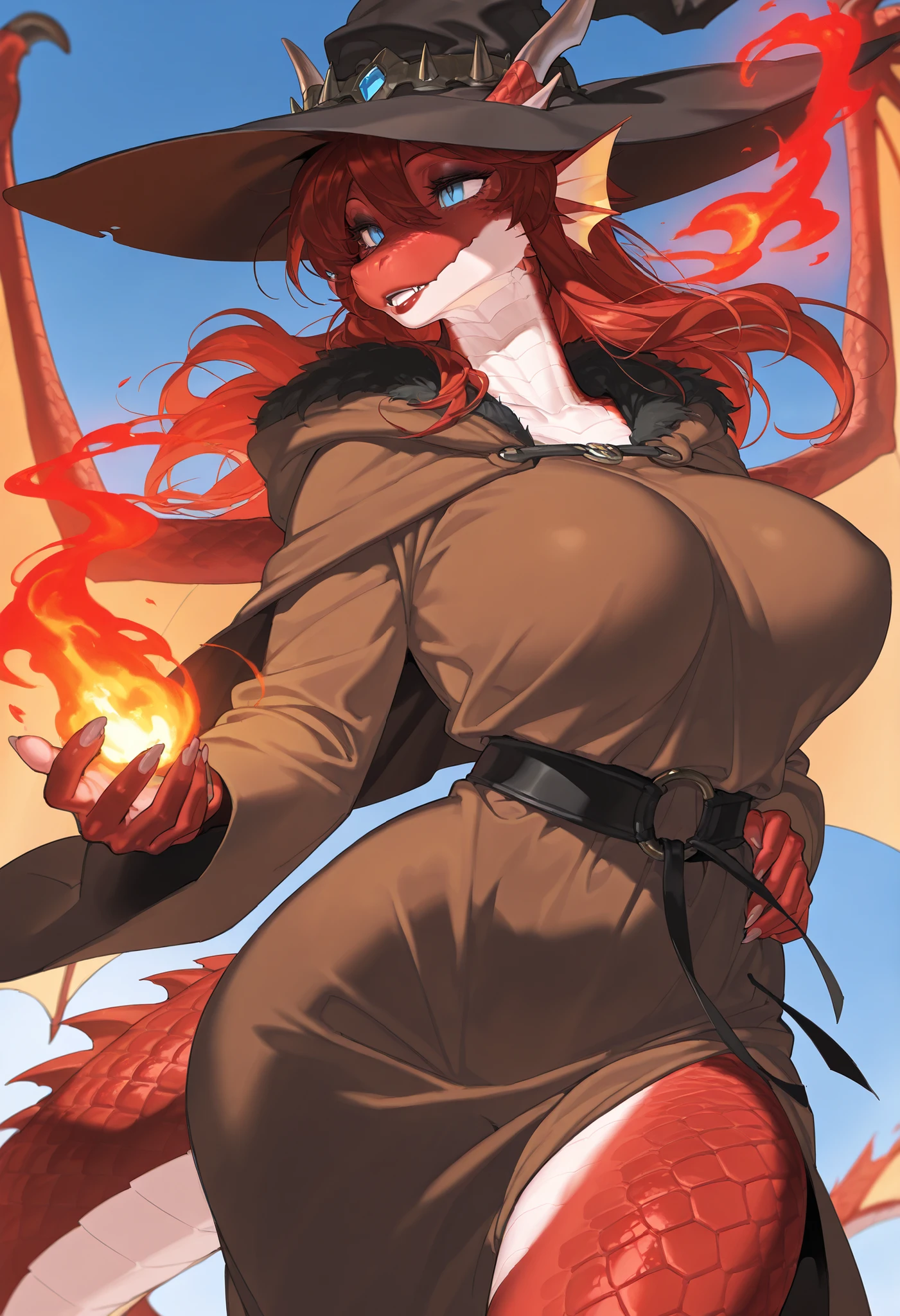 masterpiece, best quality, ultra-detailed, best illustration, solo, 1girl, dynamic pose, score_9 , score_8_up , score_8 , score_7_up score_6_up score_5_up score_4_up , source_anime , 1girl , anthro, furry, scalie solo , dragon, milf, mature female, wings, makeup, lipstick, blue eyes, head spikes, head fins, red scales, scales, female, (lora: campfire:1) , big breasts , fur , wide hips, brown robe, noble, rich, red hair, long hair, witch, witch hat, red flame magic, dark red magic