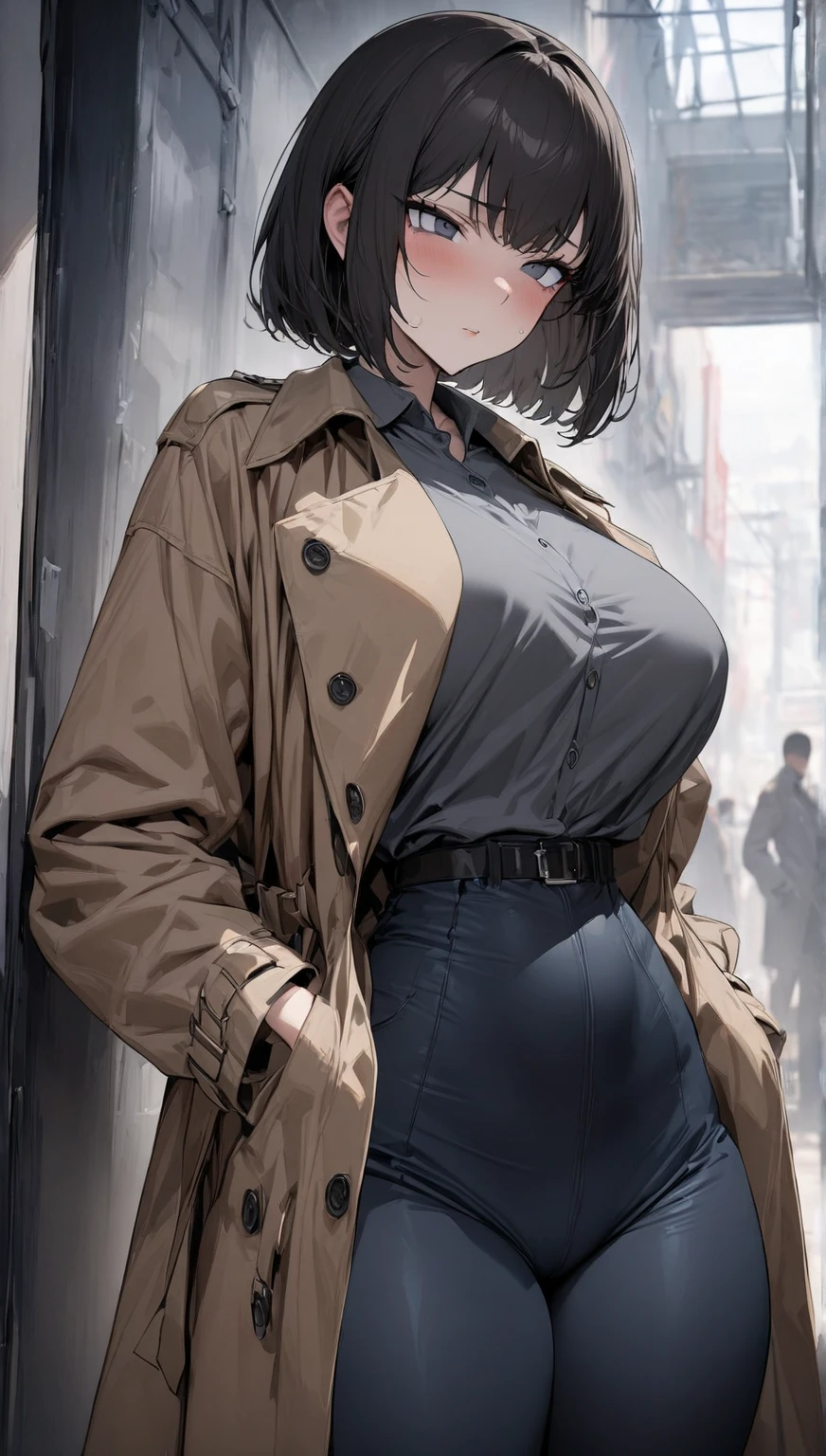 1girl, back alley, posing for picture, young skin, coat, big breasts, front shot, style of Misaki Kurehito, clear lines, late anime style,  <lora:[Style][èªå¶]alp_xl_test-lora-128:1>, masterpiece, best quality, highly detailed, ultra detailed, cinematic, dramatic, anime