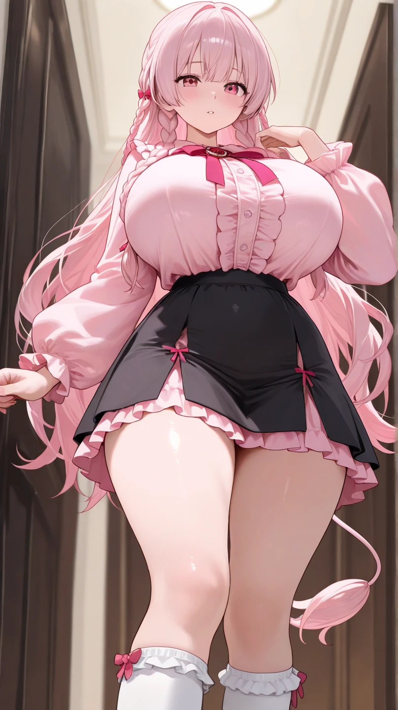 1Woman milf “"Giant breasts" + "large rear" + "wide hips" + " tiny waist" + "plump thighs" + "green eyes" + "Black eyeliner" + Dark circles under eyes (("shy expression")) + "Longcurly light peach color Hair" + "ponytail with Ribbon" + "Red Lips" + "Lucious Lips"”)}, {“Outfit”:High furry white boots with heels and laces, pink skirt, white corset, pink shirt, White furry aesthetic bag}). Cute pose, Furry Knee High Boots