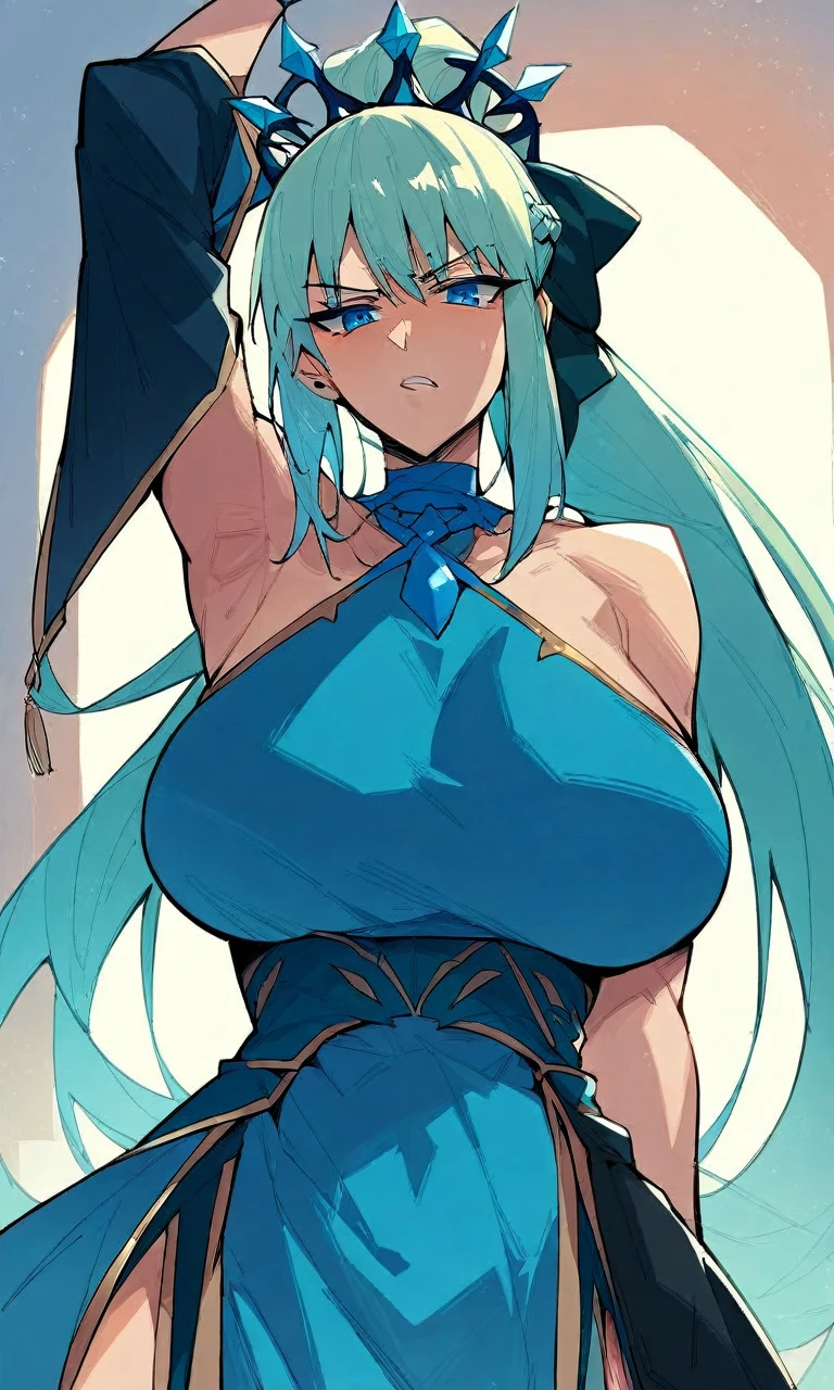 Big and round breasts, she is a beautiful woman ((Aqua beautiful and cute)), (blue hair, tied to a clip and straight), double eyelids, blue eyes, clear and detailed, hyper detailed, light effect on the eyes, detailed iris, sensual body, ((cool long sleeve blouse, delicate and elegant micro-skirt with details, beautiful and cool)), neckline, ((masterpiece, hyper realistic, hyper detailed, best quality, 16k, light and shadow on the skin, bright colors)), eyeliner, thin eyebrows, sensual expression, perfect lips, innocent and sexy face, ((skin with light and shadow), beautifully seductive and embarrassed woman, passionate expression, protruding smile ((Aqua is a beautiful woman with perfect body, her skin color is beautiful, as it is very light)), flirting with the viewer, beautiful, charming, ((in front of a mansion, iron gate metallic design)), (body tilt) ((sensual pose from behind: 1,3)) ((highlight on the butt, from the back))