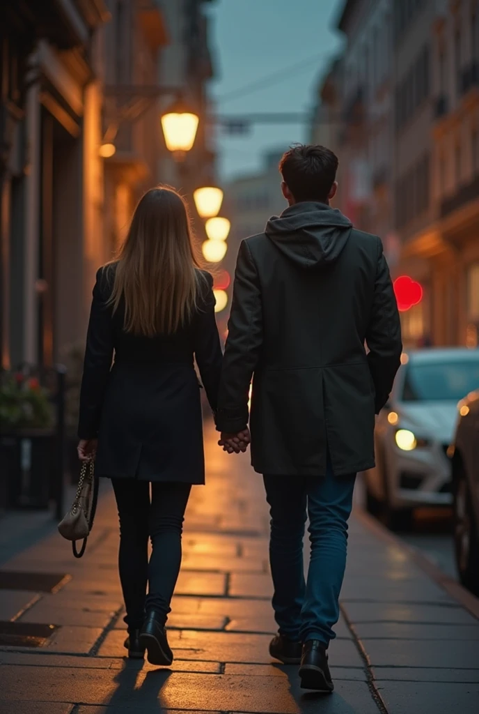 Avenue at night illuminated with couple walking