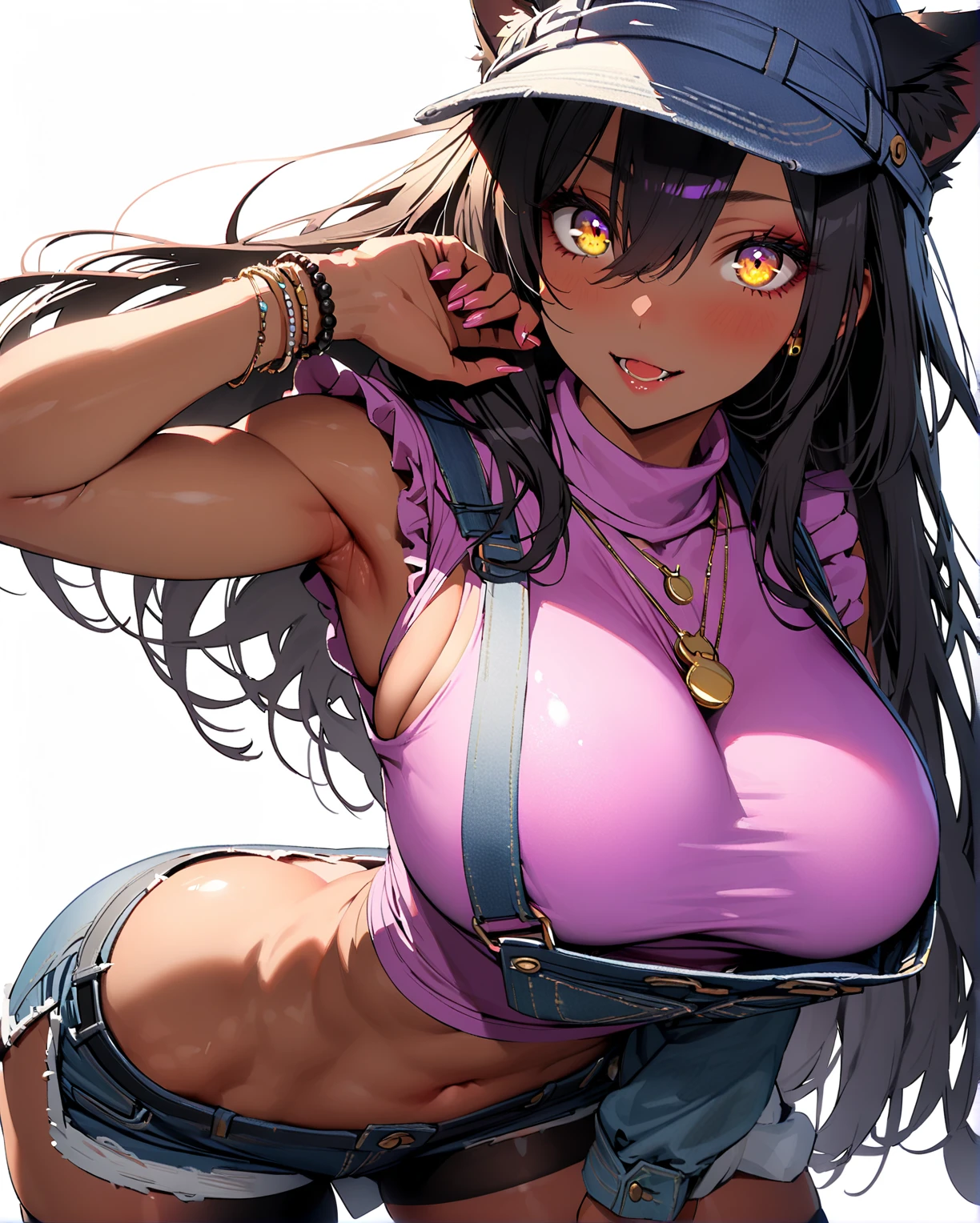 female, solo, close up, huge black rabbit ears, dark skin, long black hair, braid, curvaceous, tired smile, black eyes, cleavage, large breasts, black rabbit tail, crop top, worn jeans, choker, navel piercing, indoors, spent the night drinking, messy apartment, alcohol, full ashtray, sitting at table, resting on table, abs:0.3