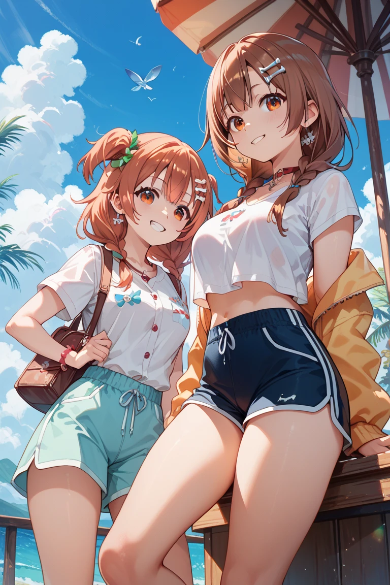 NSFW Highest quality Best image quality 4k ,{Misaka Mikoto} {{shirt lift}}++ Plain pink shirt topless, Underboob Beautiful nipples Short hair Brown hair, Brown eyes,short hair(Beautiful Abs Denim Shorts , Embarrassed face sit Beautiful beach Wet MCharacter splits
