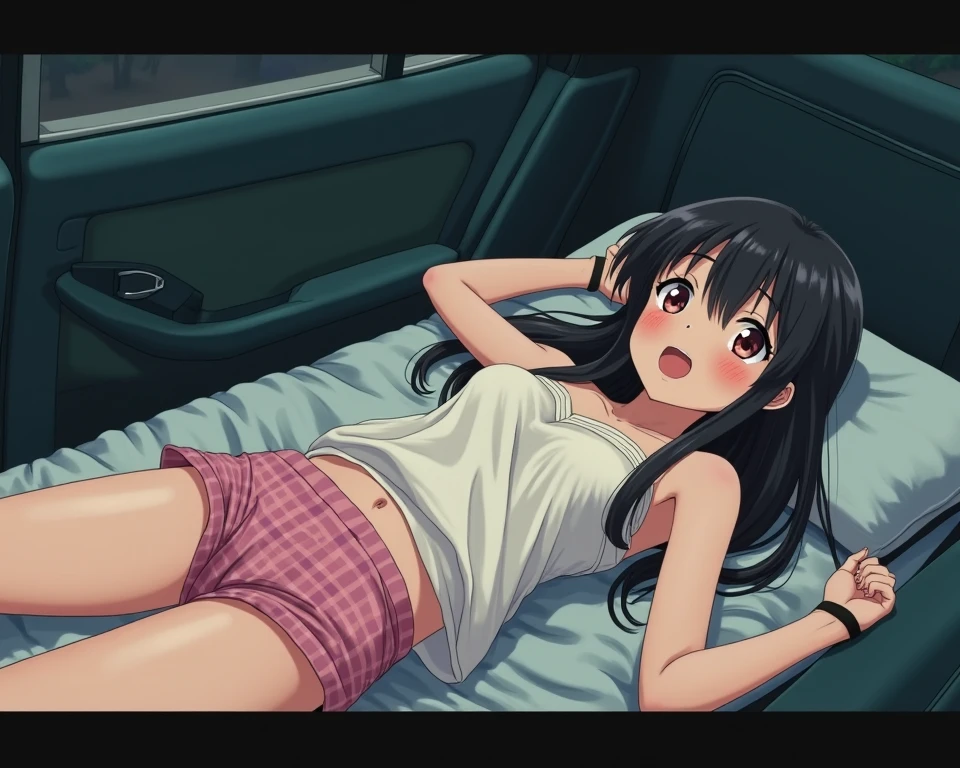2 Asian girls, both farting together side by side, desperate to poop, farting while sitting in car, sitting down, wearing sports outfit, stomach bloated, hangs holding stomach, pained expression, shocked and embarrassed, mouth open in shock, sweating, blushing, beautiful and cute face, anime art style, fit body, tall and thin, view from back