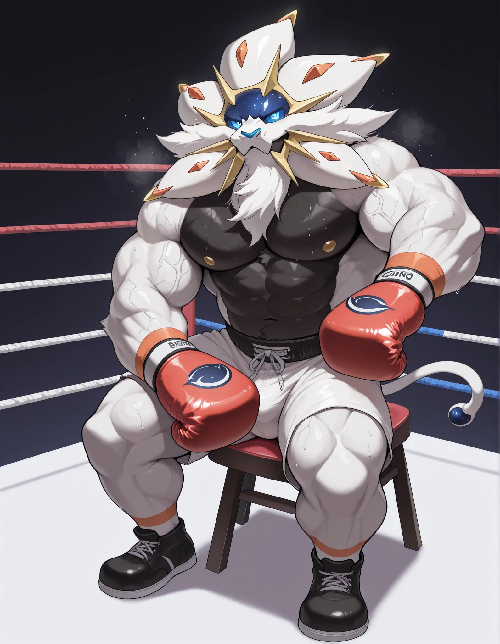Solgaleo, anthro male, high quality, full body, looking at viewer, solo, boxing ring background, red boxing gloves, thick very veiny arms, rugged muscles with protruding veins, white boxing shorts, black boxing shoes, heavyweight boxing champion, glistening fur, sweaty, brutal expression, steam, sitting on a stool, brutal eyes, gear up with fighting spirit, shirtless, rest your elbows on the ring rope, b0xingp0v
