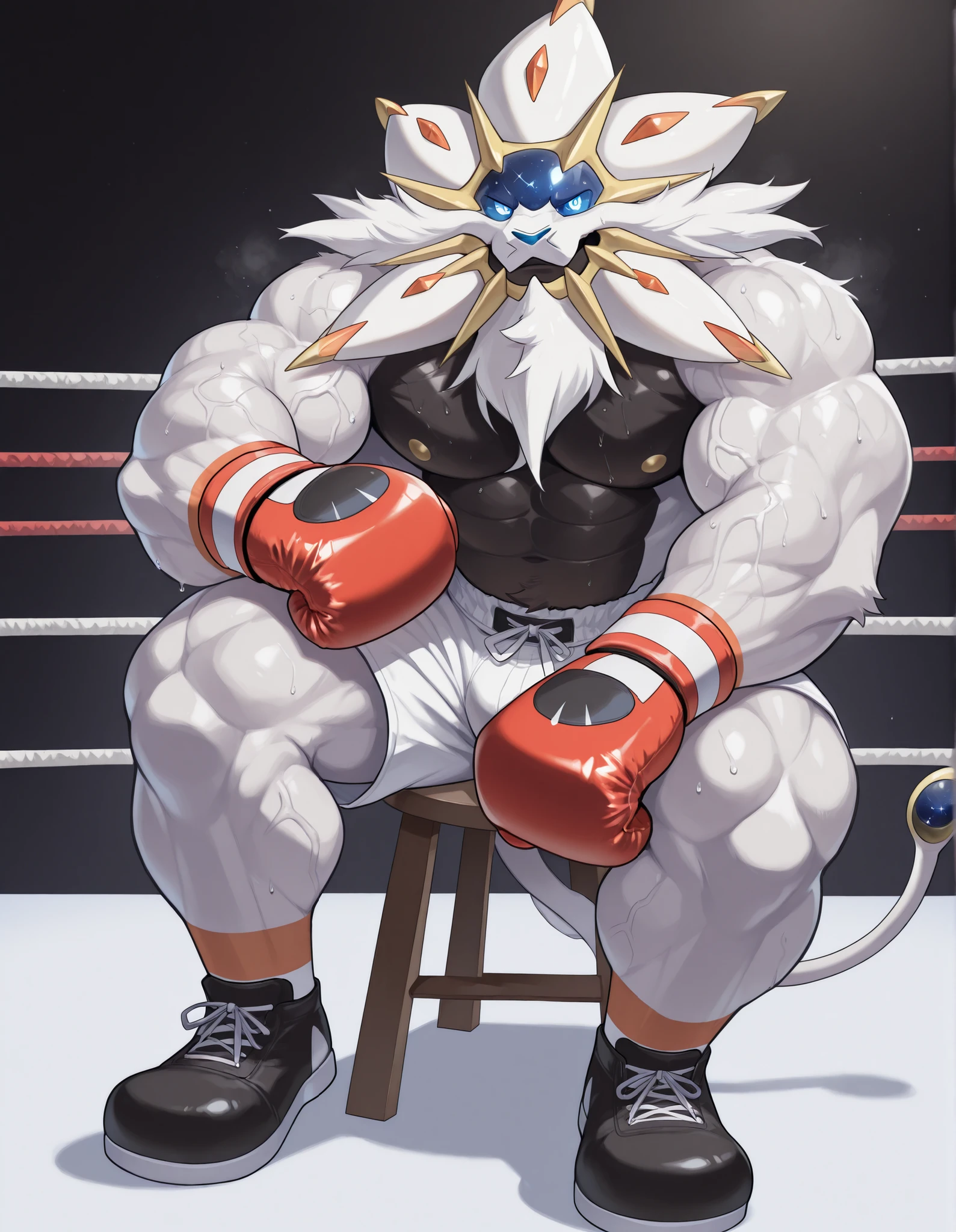 Solgaleo, anthro male, high quality, full body, looking at viewer, solo, boxing ring background, red boxing gloves, thick very veiny arms, rugged muscles with protruding veins, white boxing shorts, black boxing shoes, heavyweight boxing champion, glistening fur, sweaty, brutal expression, steam, sitting on a stool, brutal eyes, gear up with fighting spirit, shirtless, rest your elbows on the ring rope, b0xingp0v