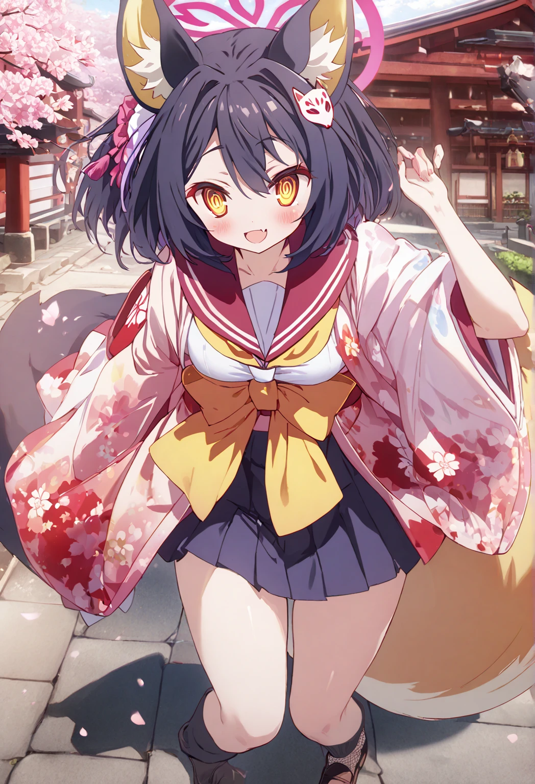 masterpiece, best quality, absurdres, perfect anatomy, 1girl, solo, anmitsuKomachi, long hair, high ponytail, bow-shaped hair, japanese clothes, white kimono, detached sleeves, white thighhighs, frills, sash, festival, shrine, outdoors, smile, <lora:CureFortune:0.8>